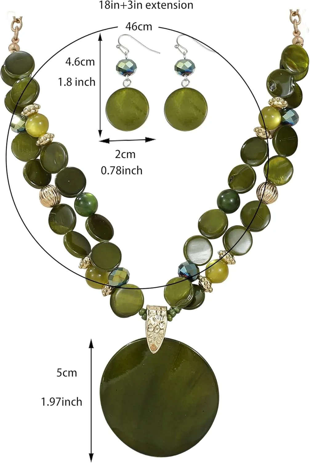 Layered Beads Statement Fashion Necklace Chunky Jewelry Set Big Colorful Glass Stone Circle Shell Pendant Choker Necklace and Earring Set for Women