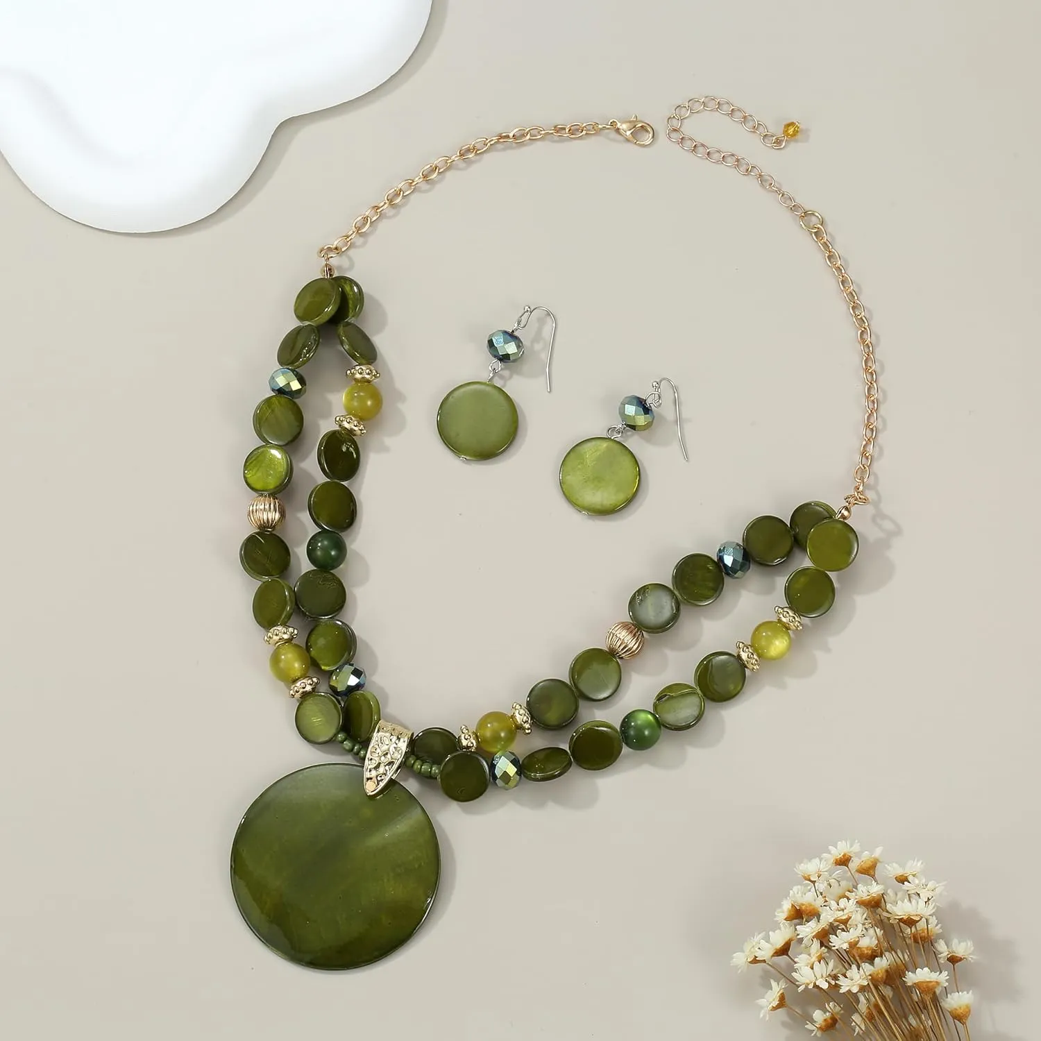 Layered Beads Statement Fashion Necklace Chunky Jewelry Set Big Colorful Glass Stone Circle Shell Pendant Choker Necklace and Earring Set for Women
