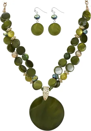 Layered Beads Statement Fashion Necklace Chunky Jewelry Set Big Colorful Glass Stone Circle Shell Pendant Choker Necklace and Earring Set for Women