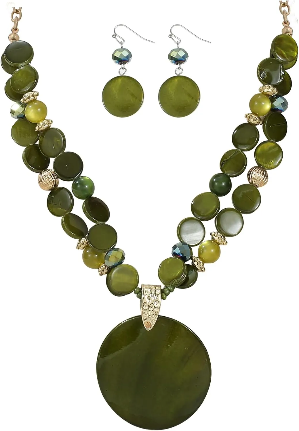 Layered Beads Statement Fashion Necklace Chunky Jewelry Set Big Colorful Glass Stone Circle Shell Pendant Choker Necklace and Earring Set for Women