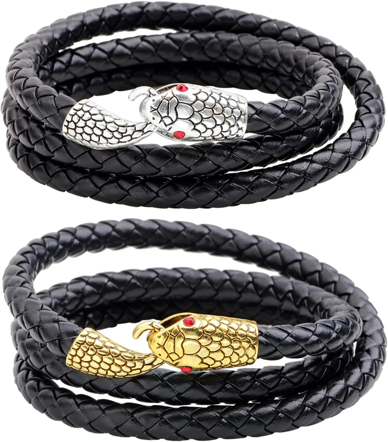 Leather Strap Multi-Strands Snake Head Bangle Bracelets: Layered Handmade Braided Rope Wristband Jewelry for Men Women