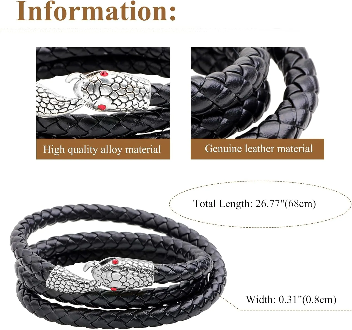 Leather Strap Multi-Strands Snake Head Bangle Bracelets: Layered Handmade Braided Rope Wristband Jewelry for Men Women