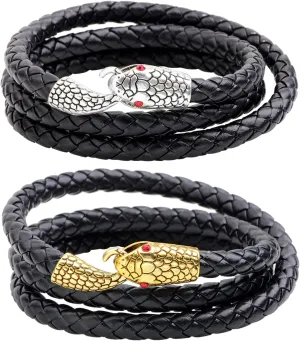 Leather Strap Multi-Strands Snake Head Bangle Bracelets: Layered Handmade Braided Rope Wristband Jewelry for Men Women