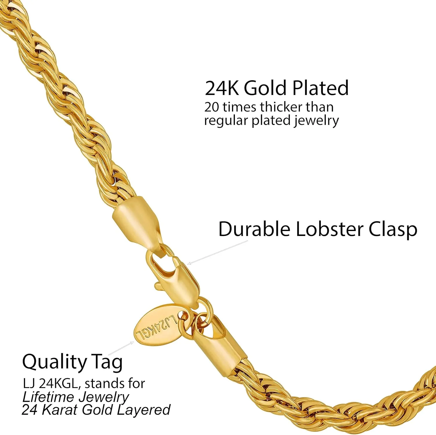 LIFETIME JEWELRY 6mm Rope Chain Bracelets for Women and Men 24k Real Gold Plated