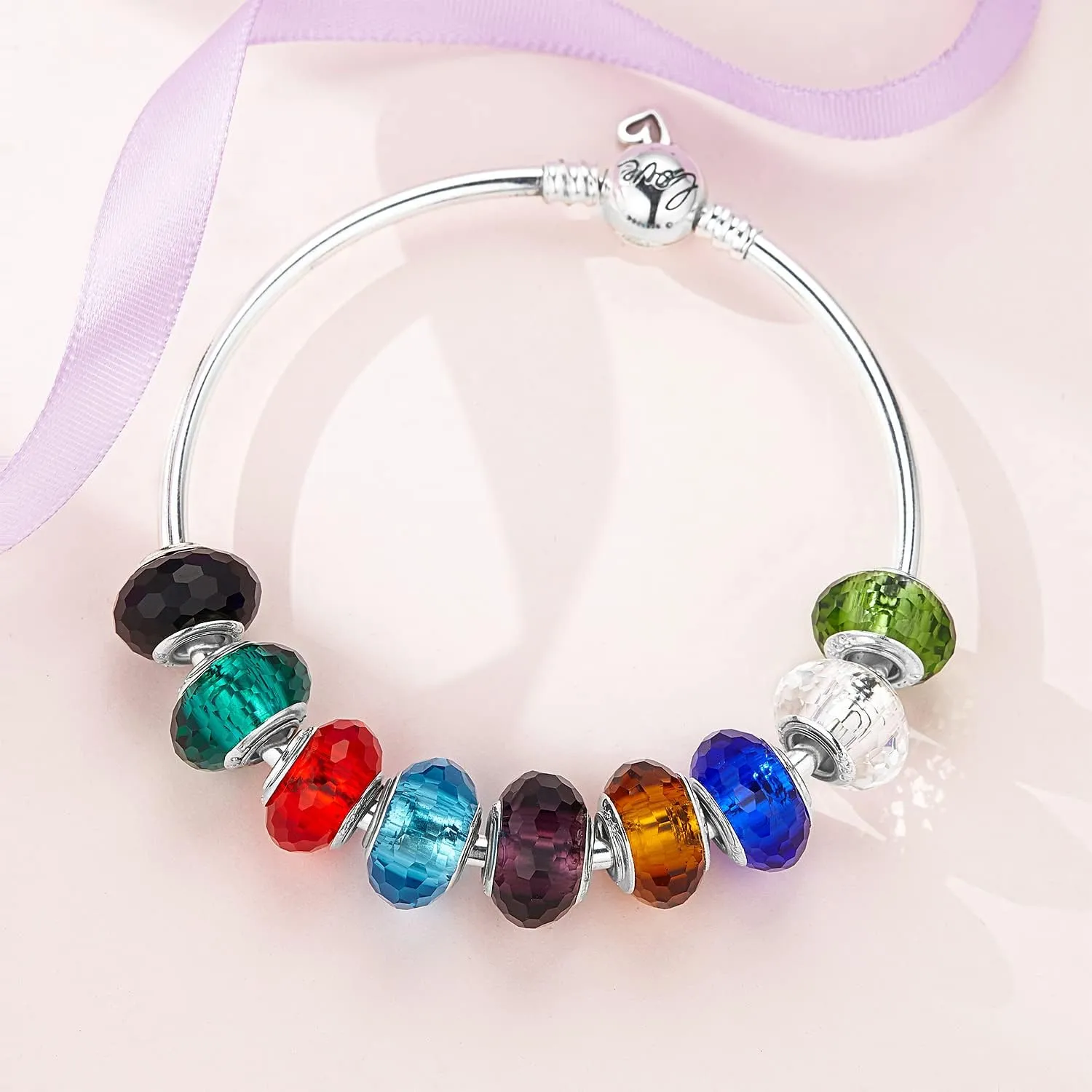 LNQOBU 925 Sterling Silver Snake Chain Bracelet Glossy Women Charm Bracelets for Mother's Day Gift(With one Spacer Beads)