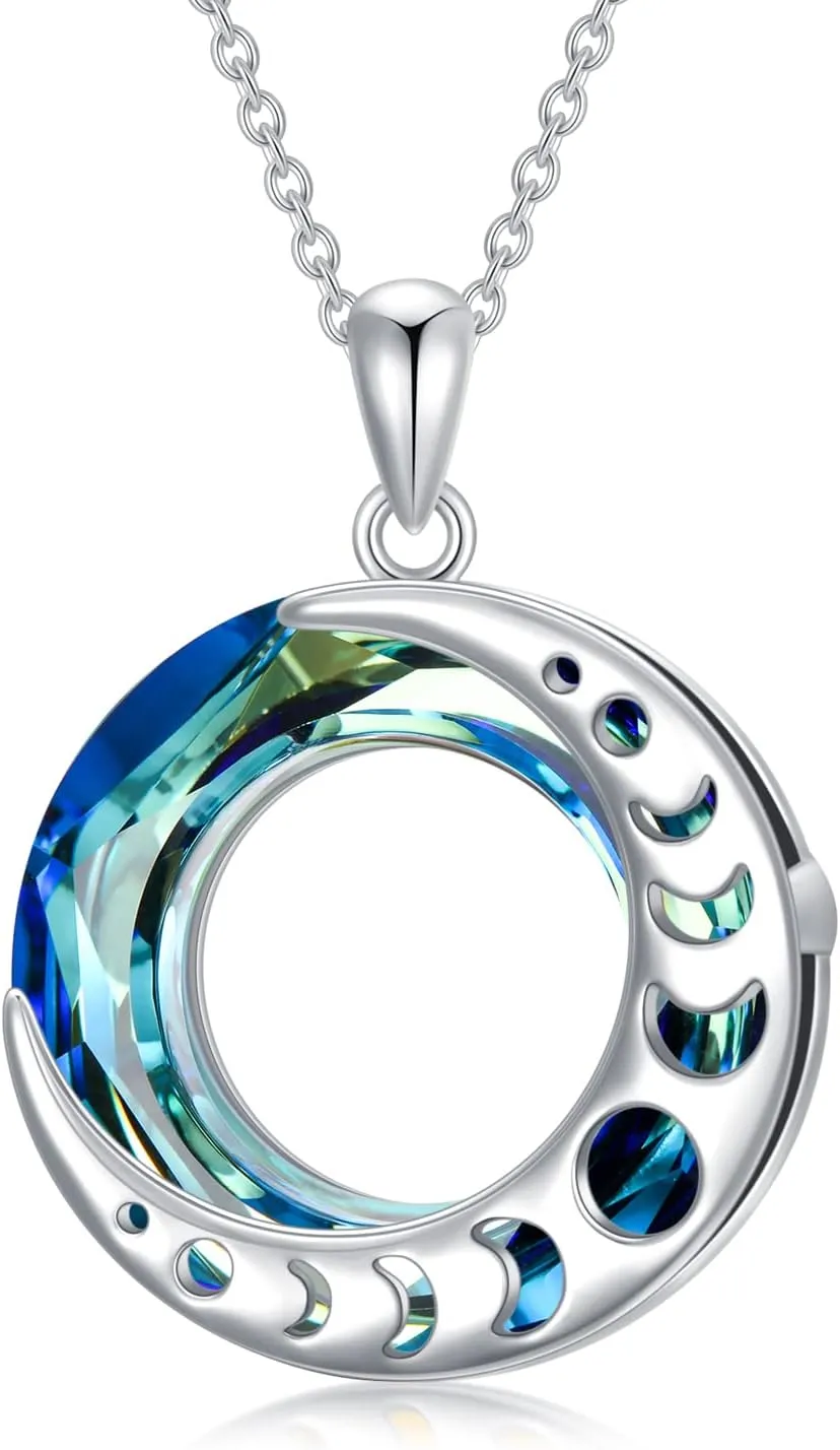LONAGO Moon Phase Necklace 925 Sterling Silver Round Crystal Triple Goddess Glowing Moon Pendant Jewelry for Women