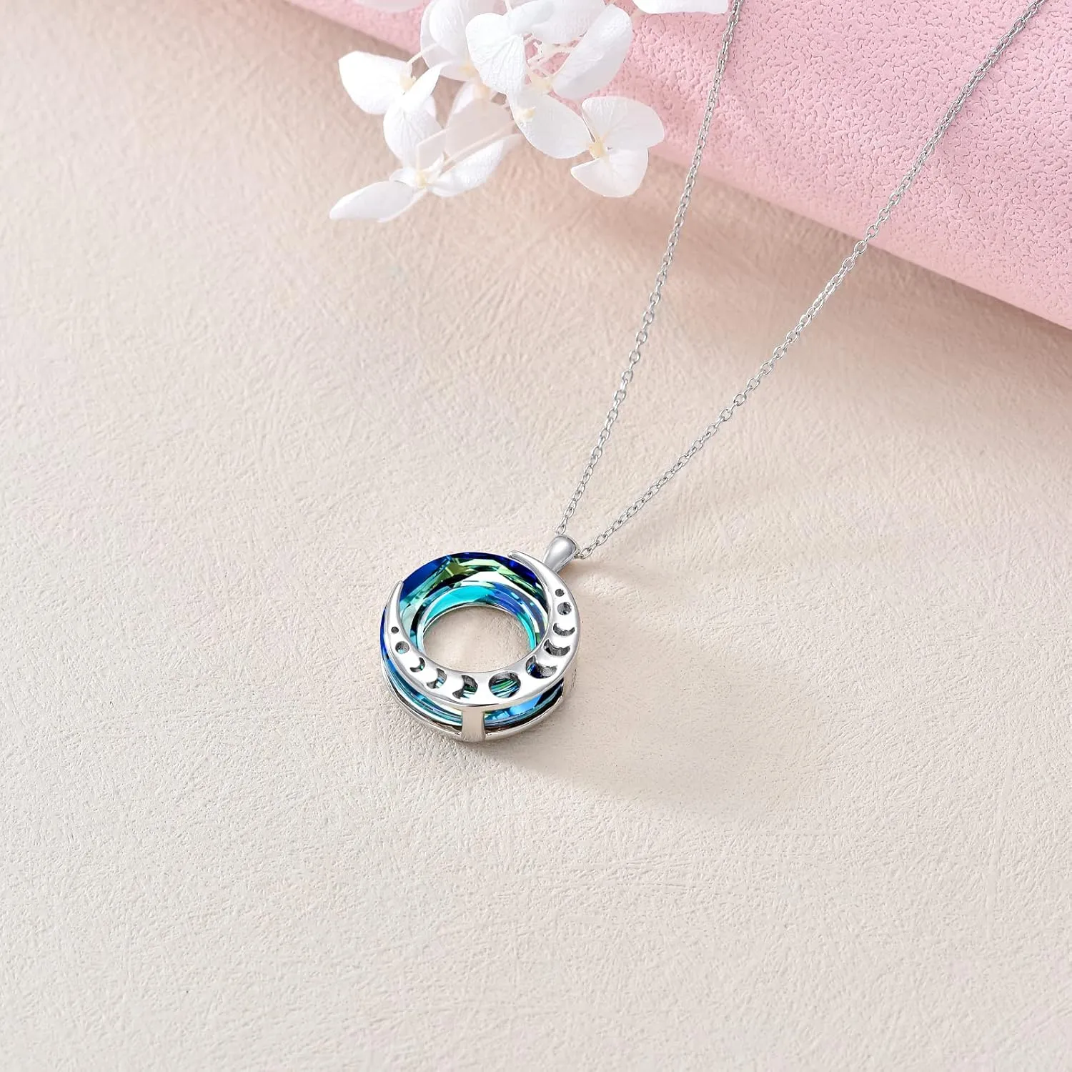 LONAGO Moon Phase Necklace 925 Sterling Silver Round Crystal Triple Goddess Glowing Moon Pendant Jewelry for Women