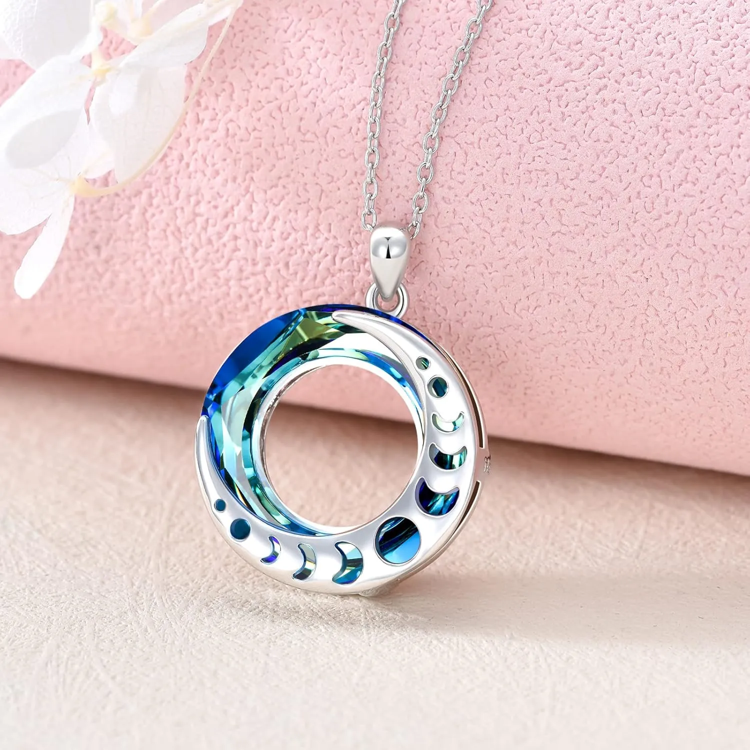 LONAGO Moon Phase Necklace 925 Sterling Silver Round Crystal Triple Goddess Glowing Moon Pendant Jewelry for Women