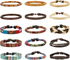 LOYALLOOK 15pcs Men Women Linen Hemp Cords Wood Beads Ethnic Tribal Bracelets Leather Wristbands