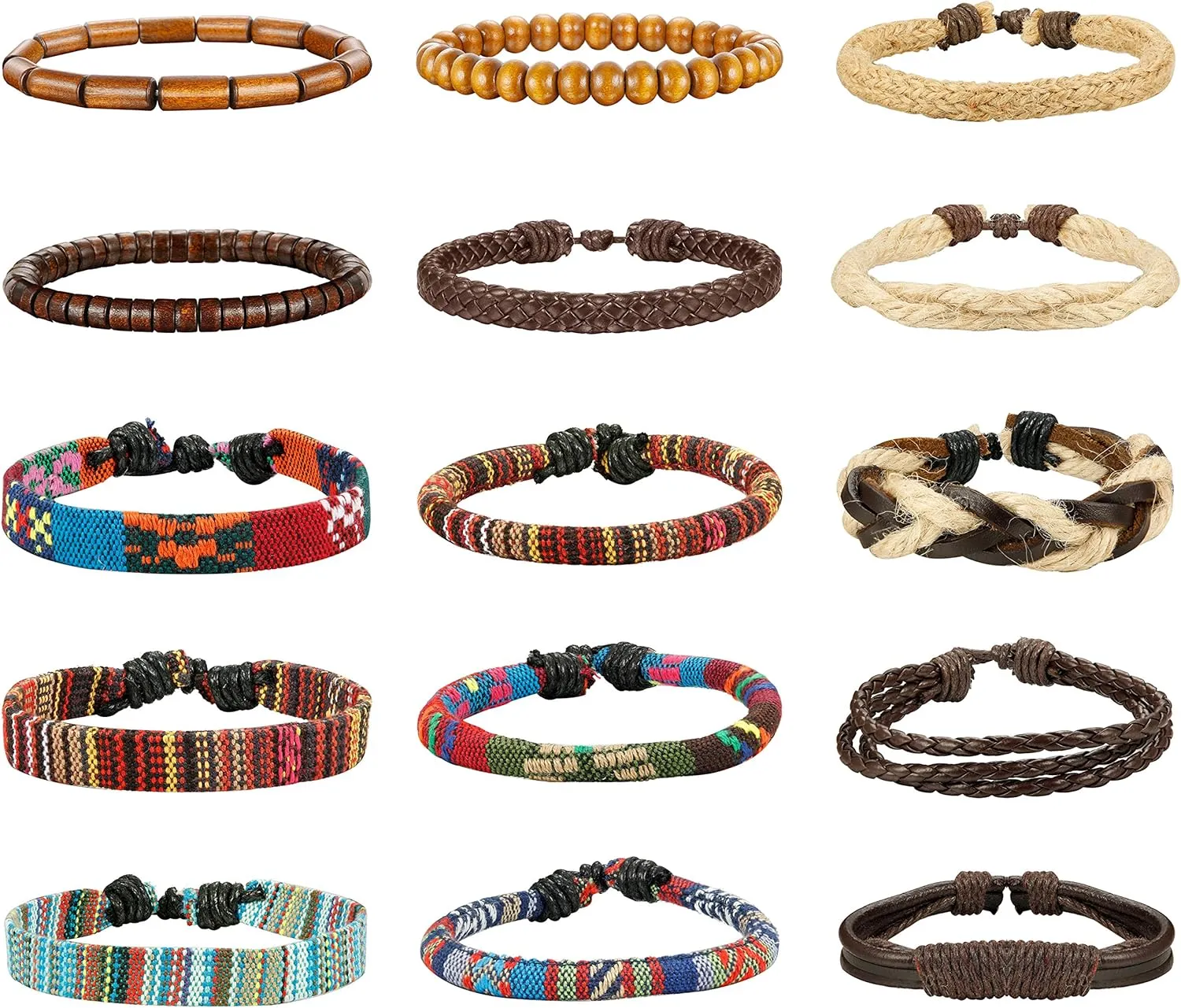LOYALLOOK 15pcs Men Women Linen Hemp Cords Wood Beads Ethnic Tribal Bracelets Leather Wristbands