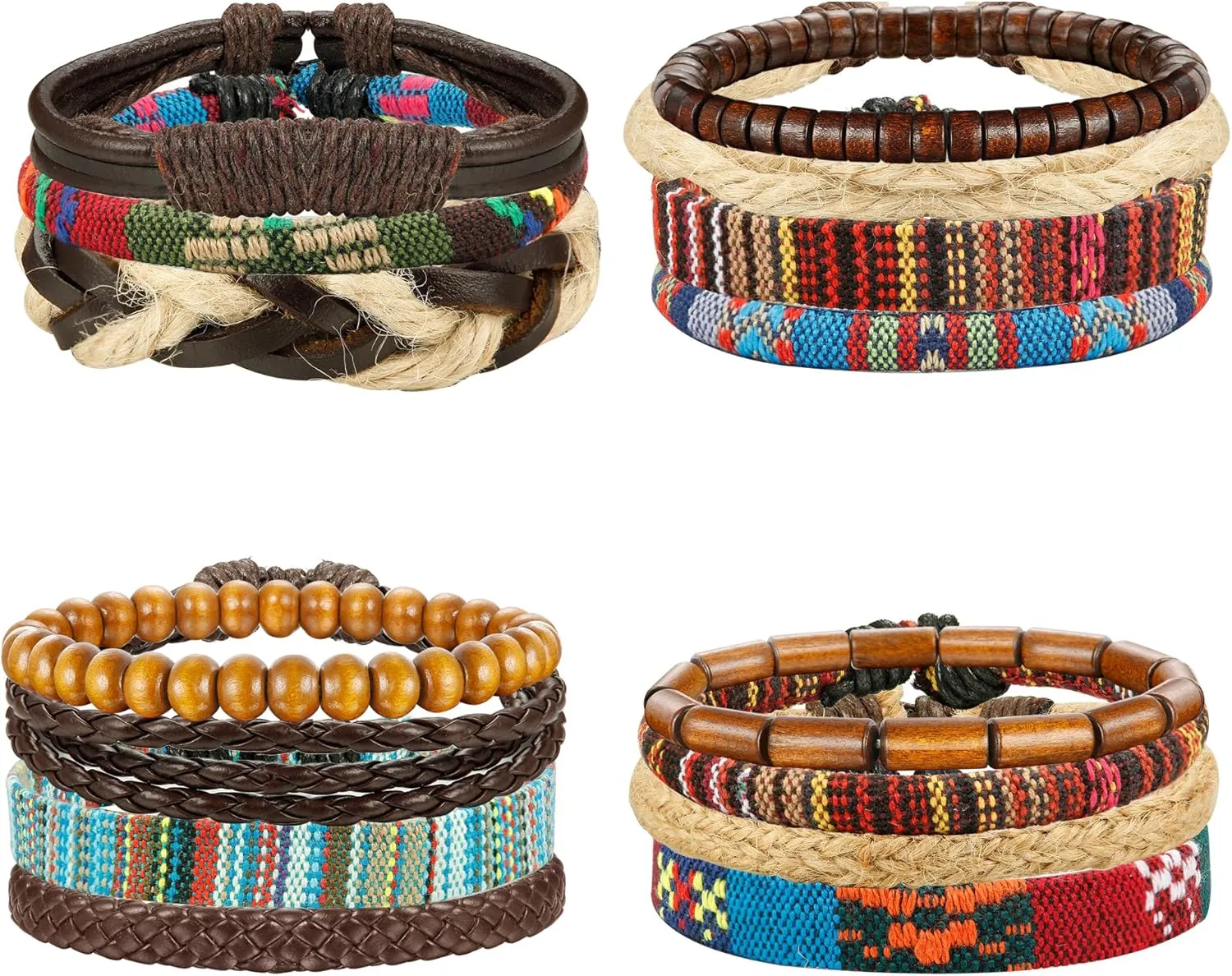 LOYALLOOK 15pcs Men Women Linen Hemp Cords Wood Beads Ethnic Tribal Bracelets Leather Wristbands