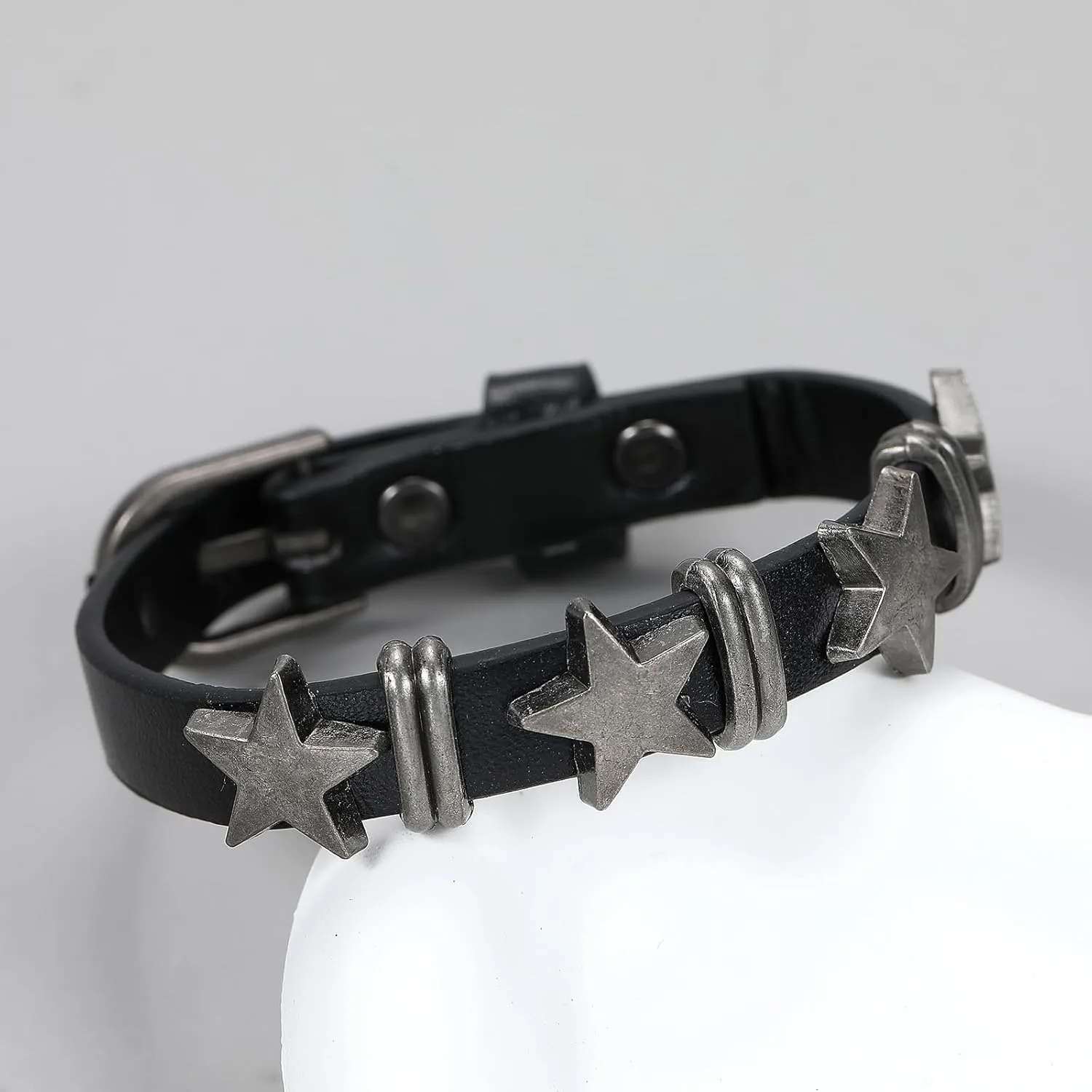 LUBINGSHINE Punk Leather Cuff Bracelet Alloy Star Studded Bracelets Belt Buckle Gothic Leather Wristband for Men Women