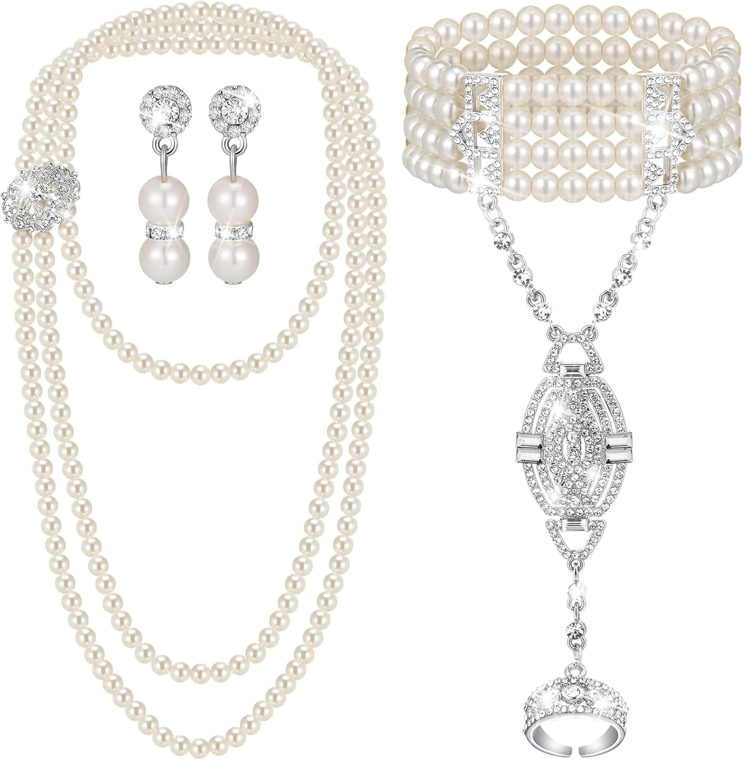 Maitys 3 Pcs 1920s Pearl Jewelry Set Includes Vintage Flapper Earrings Multilayer Imitation Pearl Necklace Bracelet for Women