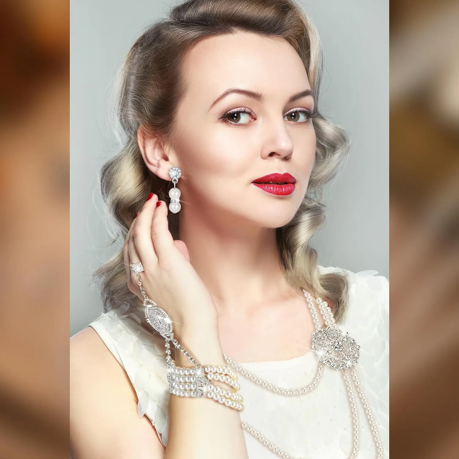 Maitys 3 Pcs 1920s Pearl Jewelry Set Includes Vintage Flapper Earrings Multilayer Imitation Pearl Necklace Bracelet for Women