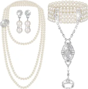 Maitys 3 Pcs 1920s Pearl Jewelry Set Includes Vintage Flapper Earrings Multilayer Imitation Pearl Necklace Bracelet for Women