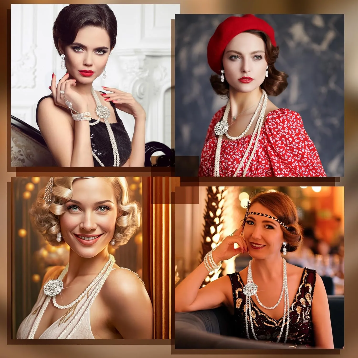 Maitys 3 Pcs 1920s Pearl Jewelry Set Includes Vintage Flapper Earrings Multilayer Imitation Pearl Necklace Bracelet for Women