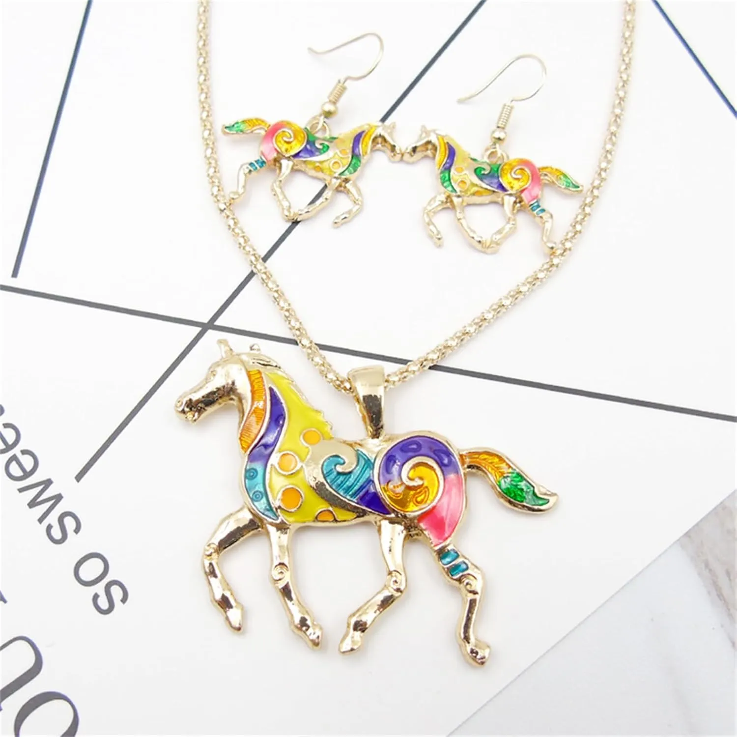 MALOYANVE Running Horse Earrings and Necklace Set for Women 3D Alloy Cute Sweet Colorful Animals Statement Dangle Earrings Kentucky Derby Fashion Jewelry Gifts