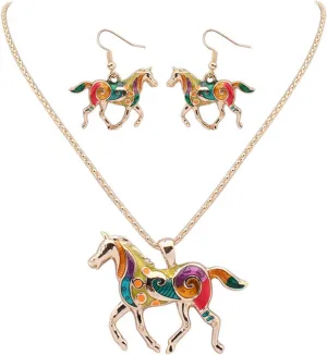 MALOYANVE Running Horse Earrings and Necklace Set for Women 3D Alloy Cute Sweet Colorful Animals Statement Dangle Earrings Kentucky Derby Fashion Jewelry Gifts