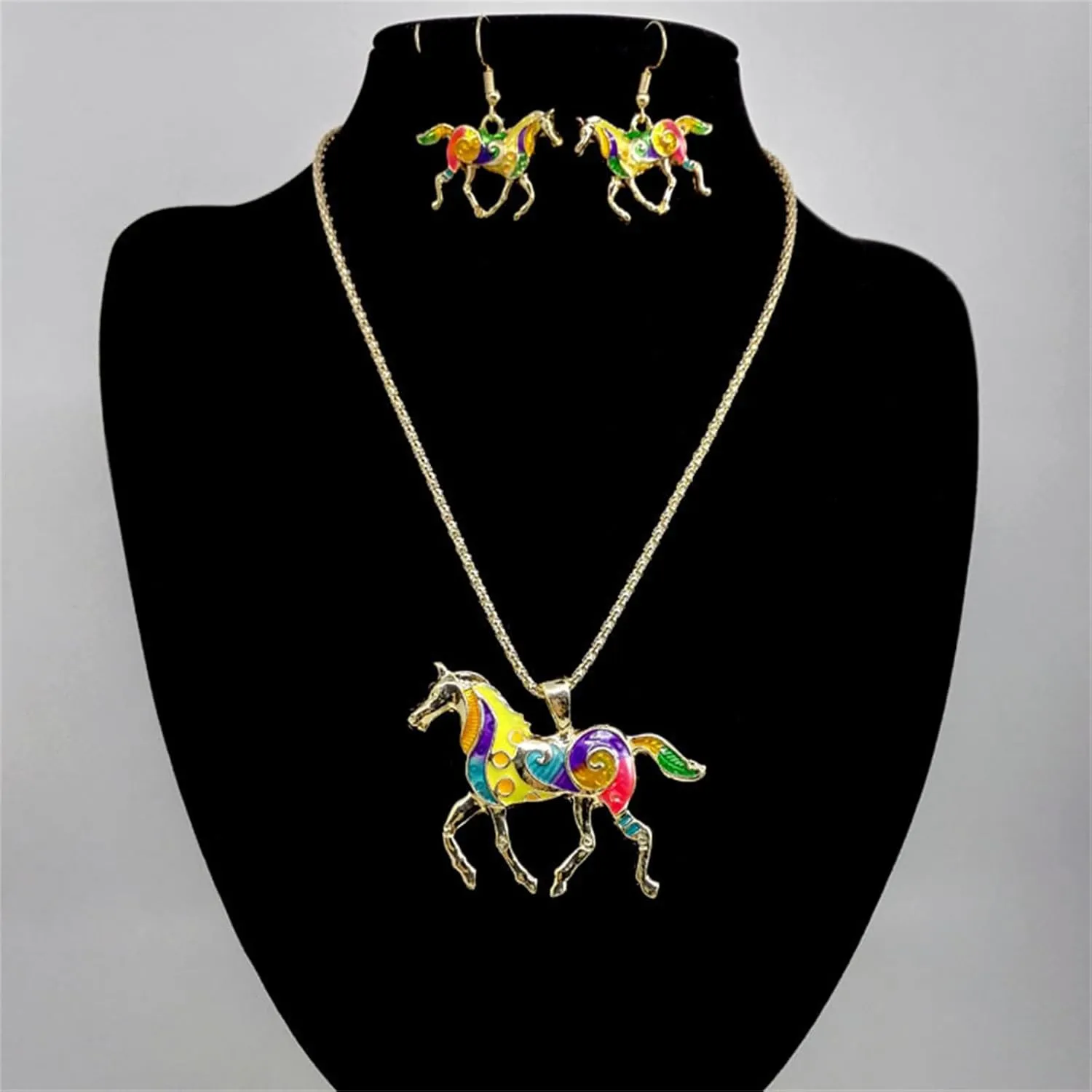 MALOYANVE Running Horse Earrings and Necklace Set for Women 3D Alloy Cute Sweet Colorful Animals Statement Dangle Earrings Kentucky Derby Fashion Jewelry Gifts