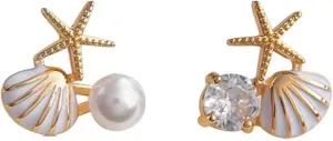 MALOYANVE Starfish Pearl Stud Earrings Cute Boho Asymmetric Small Ocean Shell with Glitter Cubic Zirconia Lightweight Statement Earrings Summer Beach Theme Vacation Jewelry Gifts for Women