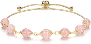 MANIFO Natural Rose Quartz Crystals Bracelet 14K Gold Reiki Healing Crystal Gemstone Adjustable Link Bracelets for Yoga Meditation