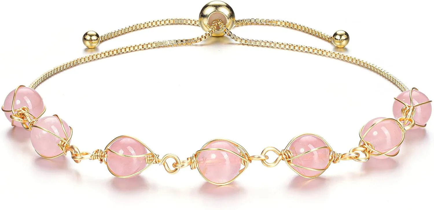MANIFO Natural Rose Quartz Crystals Bracelet 14K Gold Reiki Healing Crystal Gemstone Adjustable Link Bracelets for Yoga Meditation