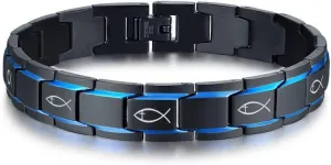 MEALGUET Black and Blue 2-tone Stainless Steel Jesus Fish and Cross Symbol Engraved Christian Bracelets for MenReligious Jewelry