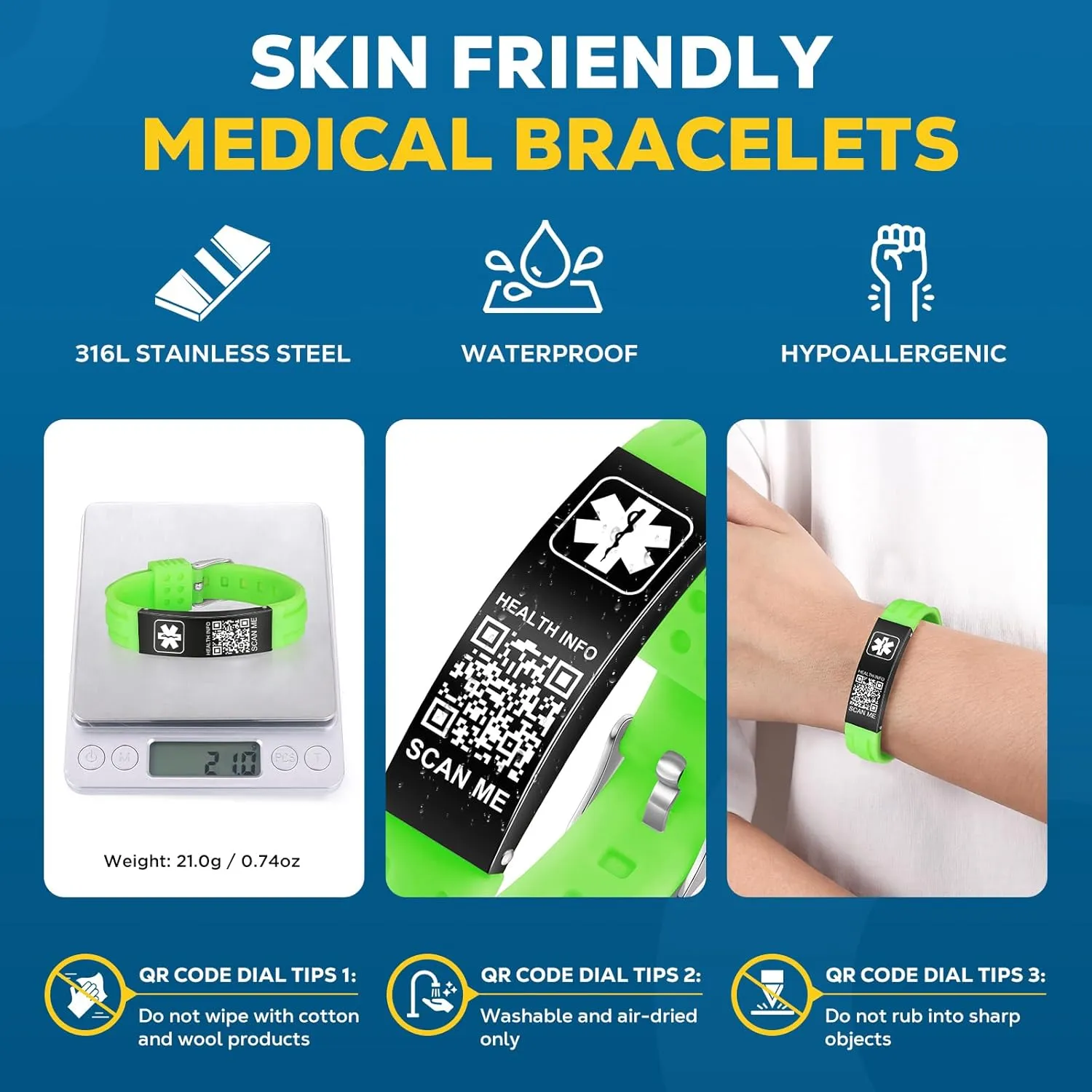Medical Bracelets for Men Women with QR Code Medical Alert ID Bracelets for Sport Travel - Silicone Waterproof Wristband Fits Wrists Up to 8 inches - More Space Custom Emergency Medic ID Alert Information