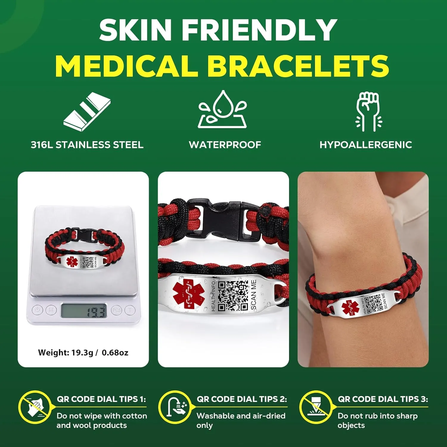 Medical Bracelets for Sport Men Women with QR Code Medical Alert ID Bracelets - Nylon Waterproof Wristband Fits Wrists Up to 7 inches - More Space Custom Emergency Med ID Alert Info