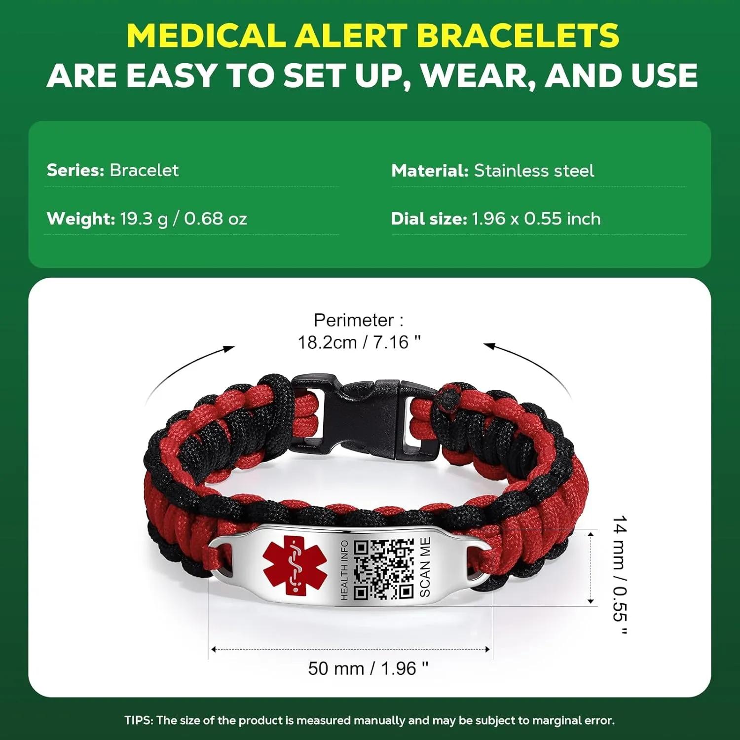 Medical Bracelets for Sport Men Women with QR Code Medical Alert ID Bracelets - Nylon Waterproof Wristband Fits Wrists Up to 7 inches - More Space Custom Emergency Med ID Alert Info
