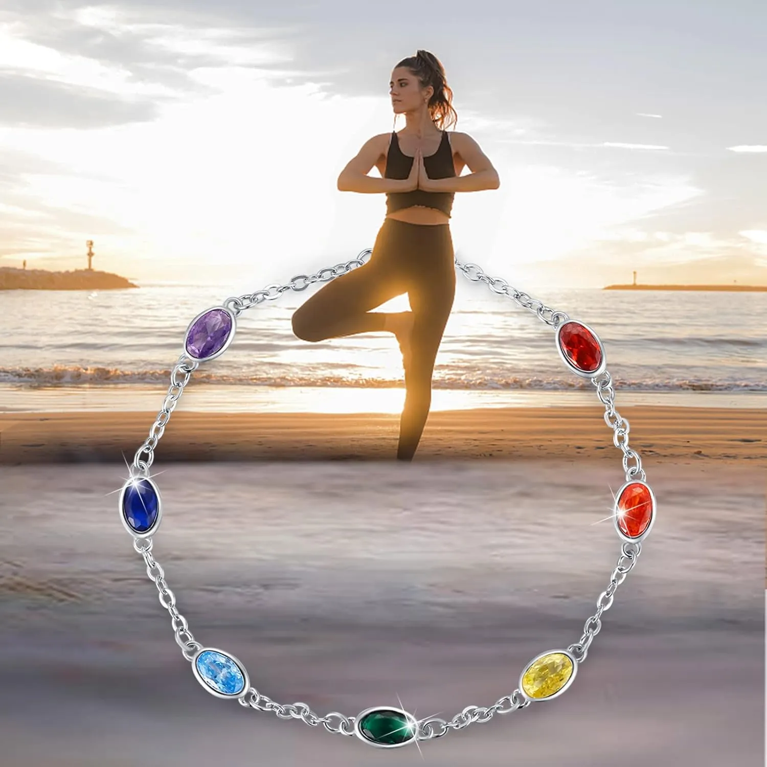 MEDWISE Sterling Silver Chakra Anklet 7 Chakra Beach Anklet Bracelet Link Chain Ankle Bracelet Gift for Women