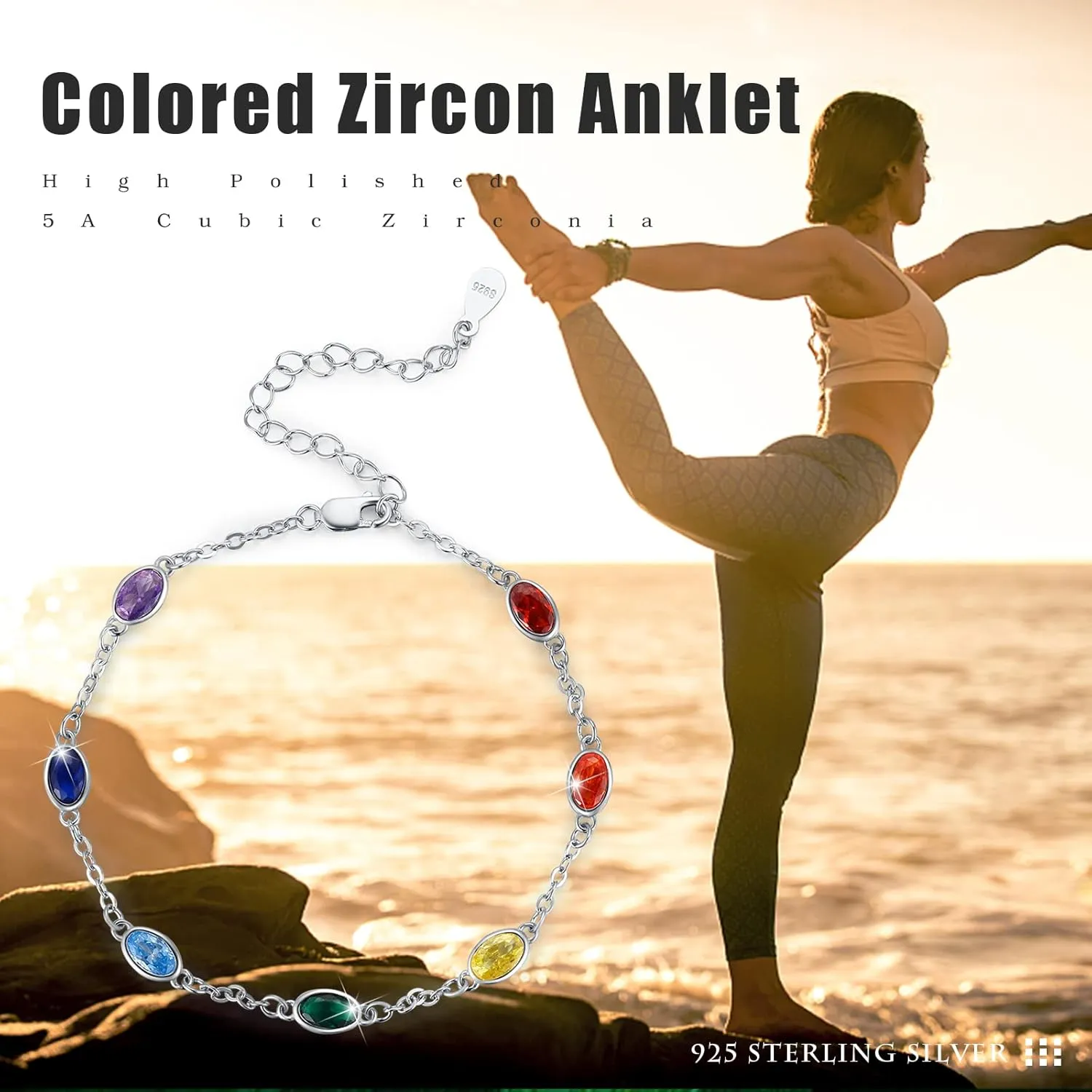 MEDWISE Sterling Silver Chakra Anklet 7 Chakra Beach Anklet Bracelet Link Chain Ankle Bracelet Gift for Women