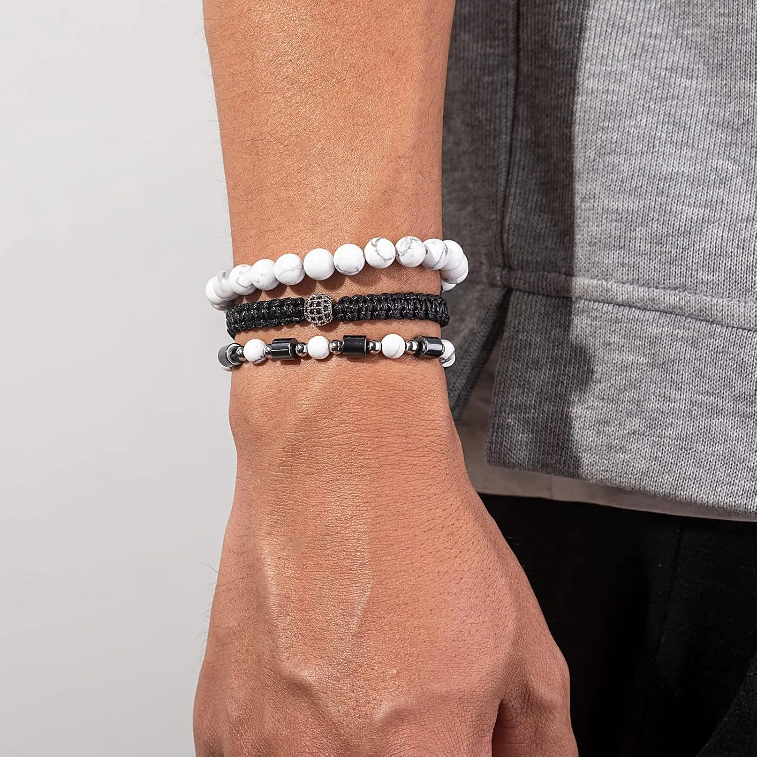 Mens Beaded Bracelet Set 8mm 4mm Healing Gemstone Braided Rope Bracelets with Cubic Zirconia Charm Hematite Stainless Steel Bead Bracelet Cool Jewelry Gifts for Men