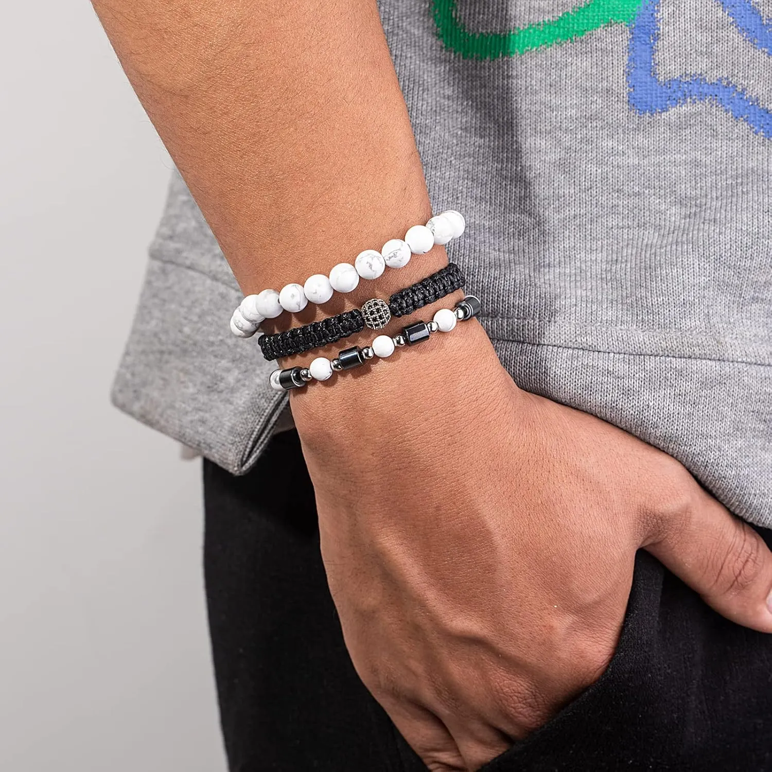 Mens Beaded Bracelet Set 8mm 4mm Healing Gemstone Braided Rope Bracelets with Cubic Zirconia Charm Hematite Stainless Steel Bead Bracelet Cool Jewelry Gifts for Men