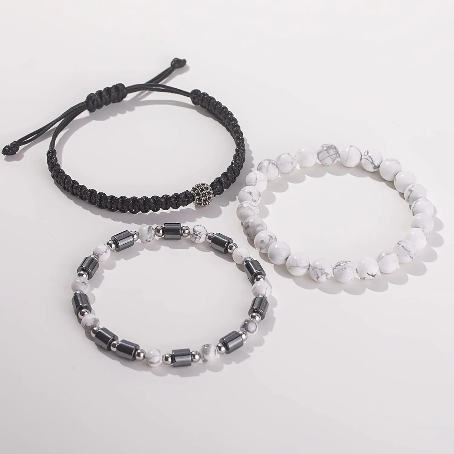 Mens Beaded Bracelet Set 8mm 4mm Healing Gemstone Braided Rope Bracelets with Cubic Zirconia Charm Hematite Stainless Steel Bead Bracelet Cool Jewelry Gifts for Men