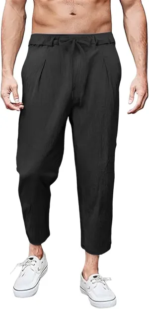 Men's Linen Pants Plus Size Plain Casual Pant Summer Outdoor Vacation Beach Trousers Lightweight Open Bottom Slacks