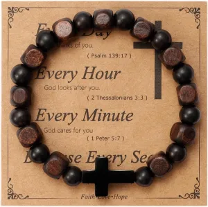 MILAKOO Wooden Bracelet with Black Stainless Steel Cross Charms Bead Christian Gifts for Women Men