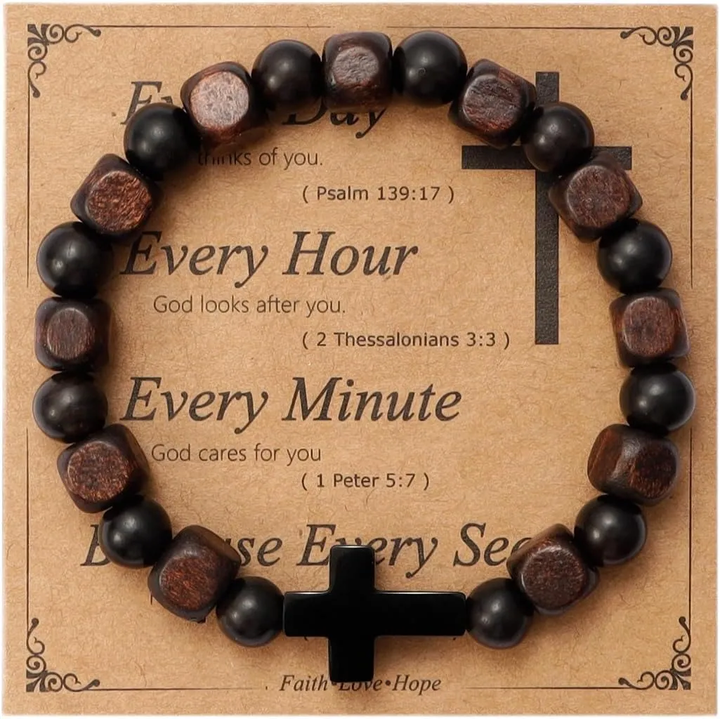 MILAKOO Wooden Bracelet with Black Stainless Steel Cross Charms Bead Christian Gifts for Women Men