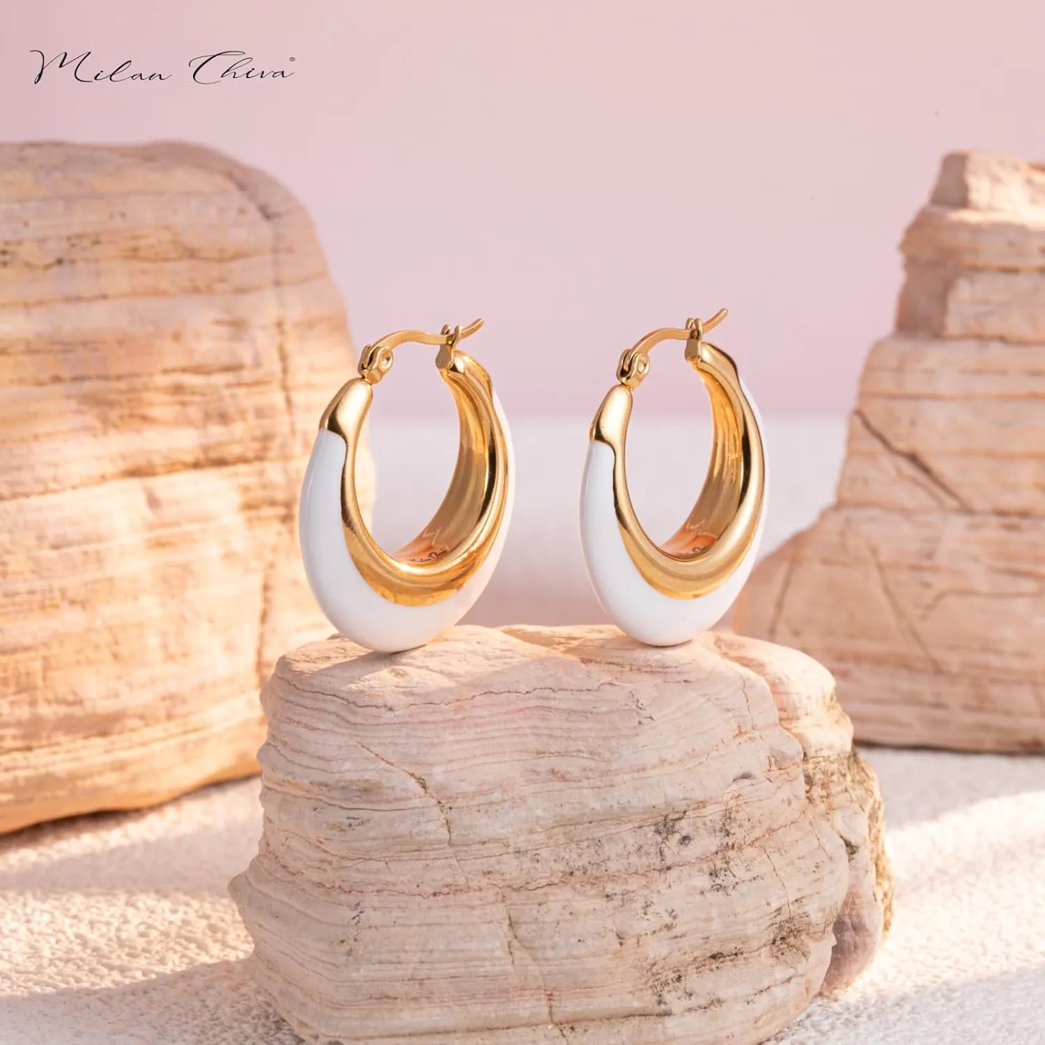 Milan Chiva Post Hoop Earrings for Women 14K Gold Plated Chunky Earrings Huggie Jewelry