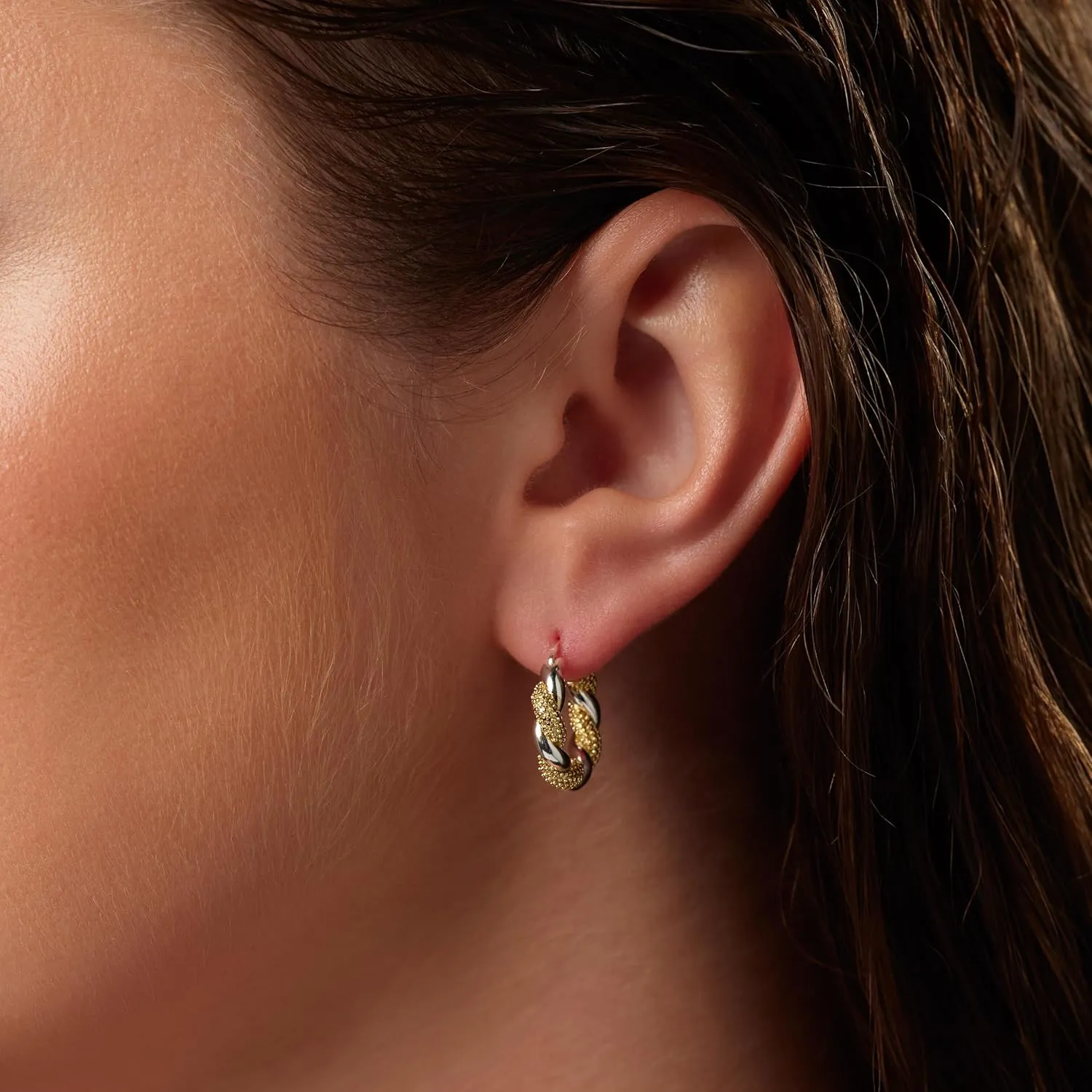 Milla Two Tone Earrings - Small Twisted 14K Gold and Sterling Silver Plated Mixed Metal Earrings, Lightweight and Hypoallergenic