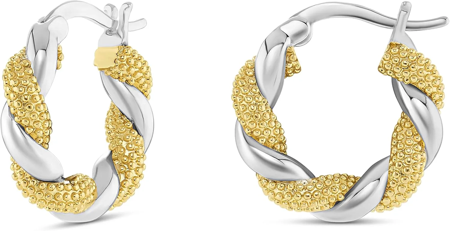 Milla Two Tone Earrings - Small Twisted 14K Gold and Sterling Silver Plated Mixed Metal Earrings, Lightweight and Hypoallergenic