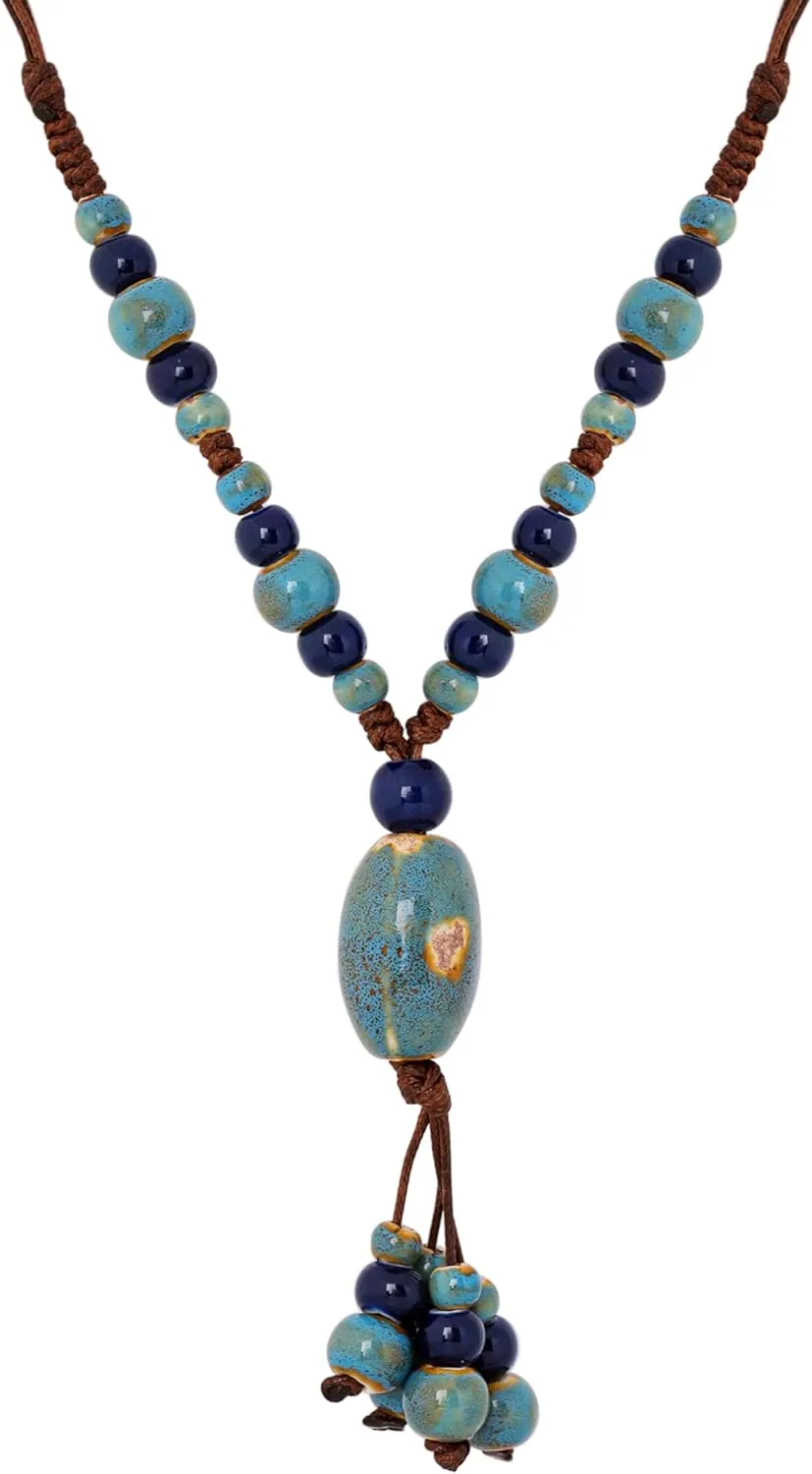 MINACHI Ceramic Navy Turquoise-Toned Bead Long Necklace, Retro Vintage Style, Women's Jewelry