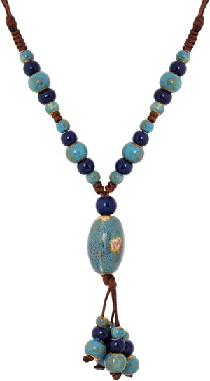 MINACHI Ceramic Navy Turquoise-Toned Bead Long Necklace, Retro Vintage Style, Women's Jewelry