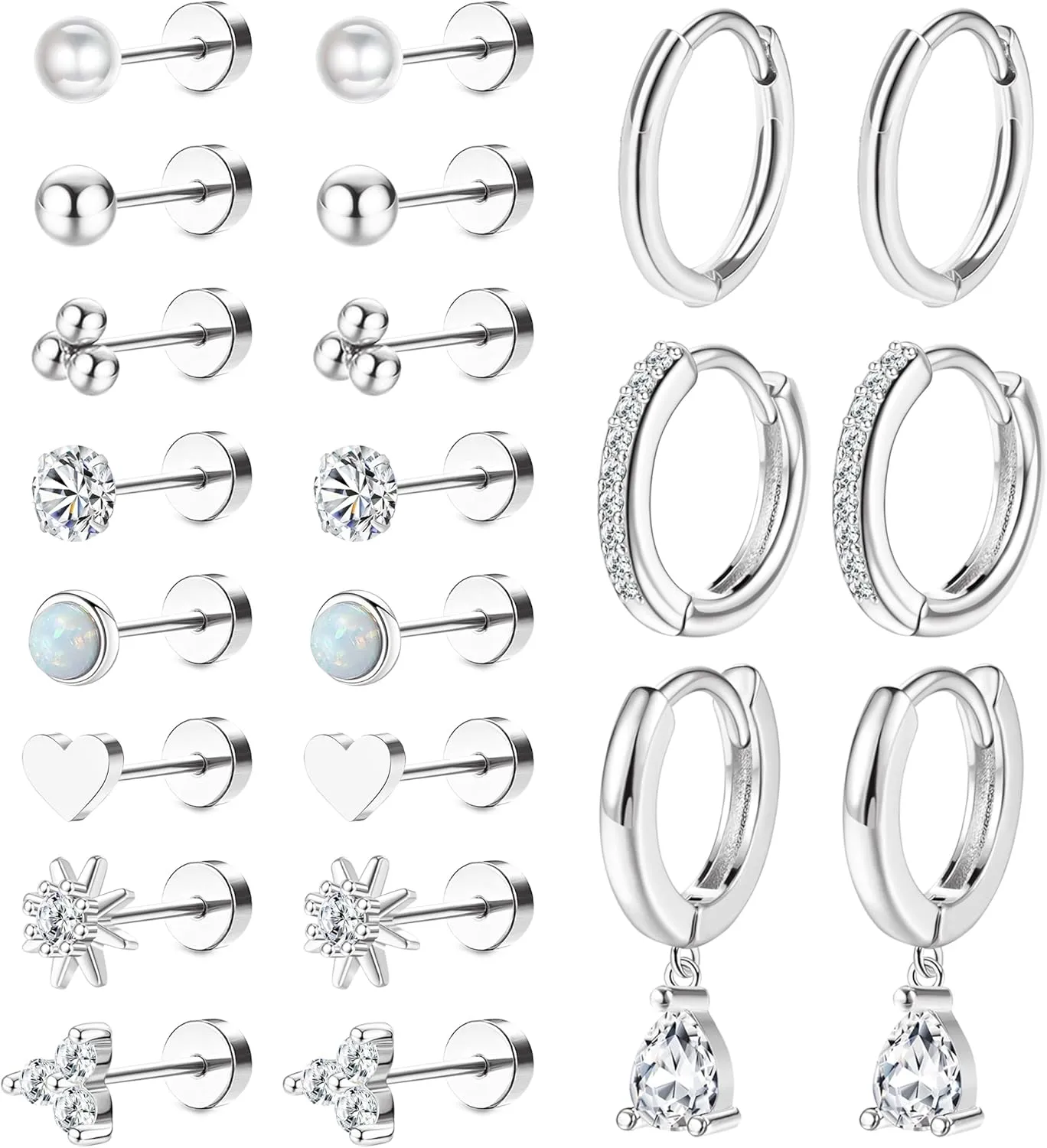 MJust 18 Pairs Womens Hypoallergenic Flat Back Stud Earrings, 20g Stainless Steel Earrings Sets for Men, Tiny Unisex Screw Back Cartilage Earrings.