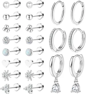 MJust 18 Pairs Womens Hypoallergenic Flat Back Stud Earrings, 20g Stainless Steel Earrings Sets for Men, Tiny Unisex Screw Back Cartilage Earrings.