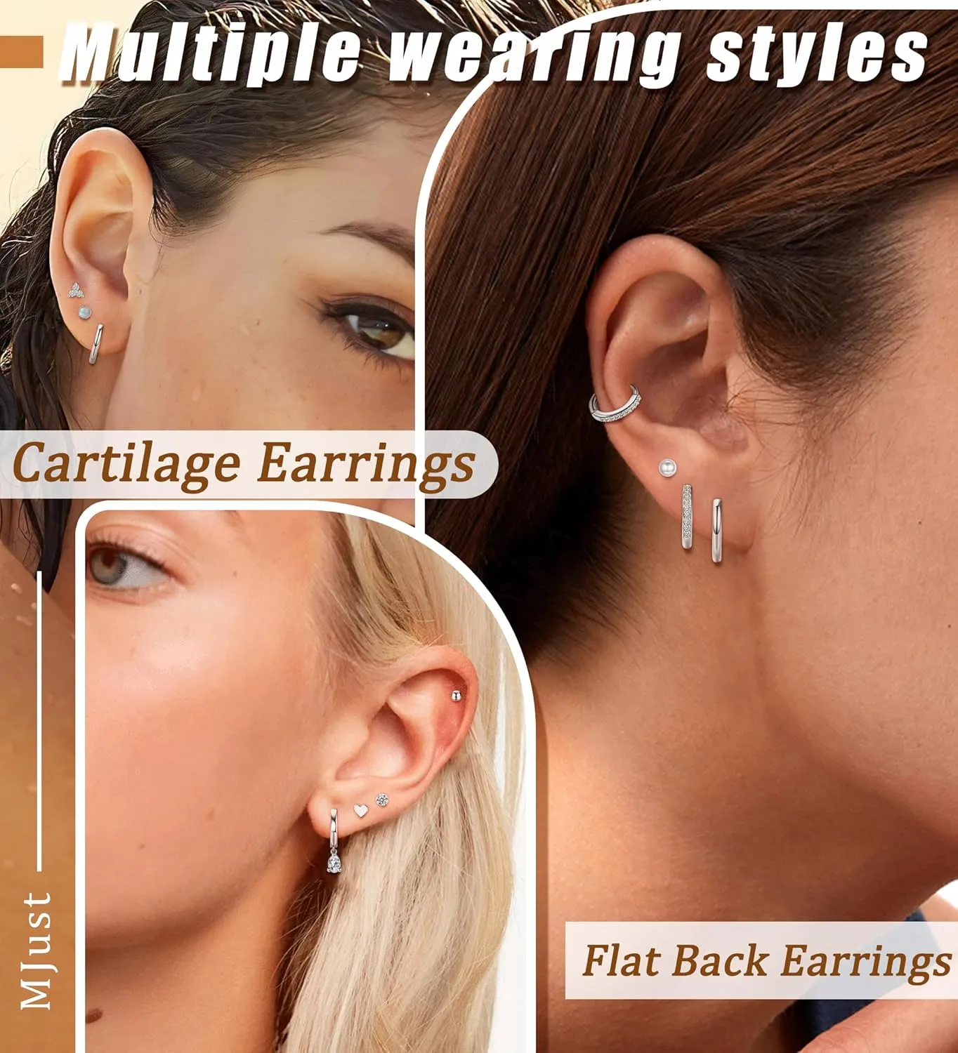 MJust 18 Pairs Womens Hypoallergenic Flat Back Stud Earrings, 20g Stainless Steel Earrings Sets for Men, Tiny Unisex Screw Back Cartilage Earrings.