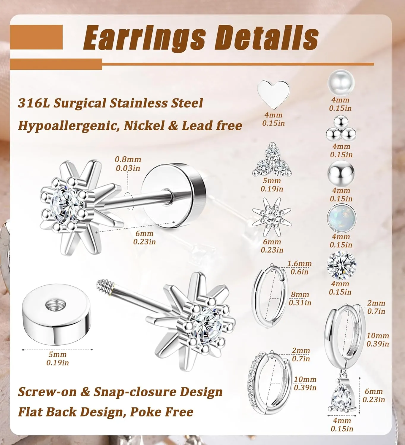 MJust 18 Pairs Womens Hypoallergenic Flat Back Stud Earrings, 20g Stainless Steel Earrings Sets for Men, Tiny Unisex Screw Back Cartilage Earrings.