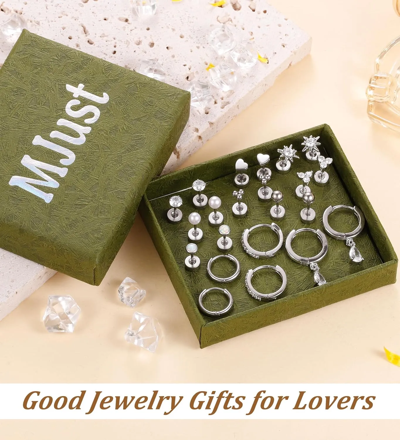 MJust 18 Pairs Womens Hypoallergenic Flat Back Stud Earrings, 20g Stainless Steel Earrings Sets for Men, Tiny Unisex Screw Back Cartilage Earrings.