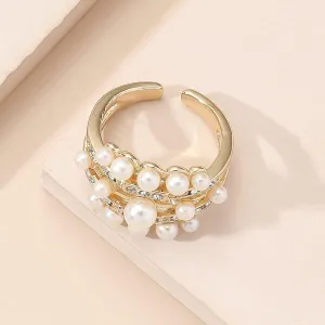 Mnyixsi Fashion Pearl Gold Open Ring for Women, Layers Hollow Design Pearl Promise Statement Ring, AAA Freshwater Cultured Pearl Bridal Engagement Ring, Layers CZ Stone Ring for Valentine's Day