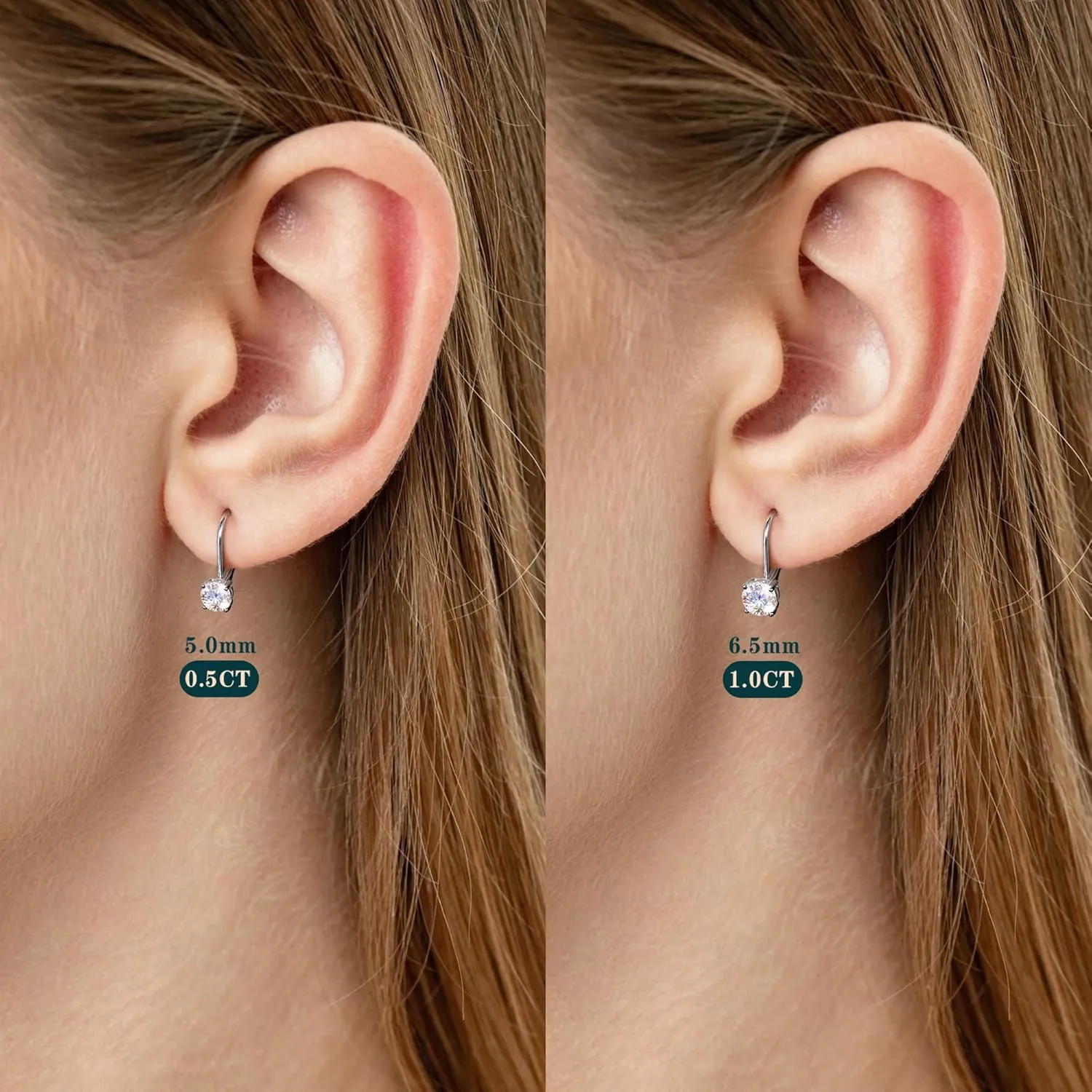 Moissanite Earrings : 18K White Gold Plated Soild Sterling Silver Dangle Earrings Hypoallergenic Leverback Drop Earrings for Women Men Round Cut D Color